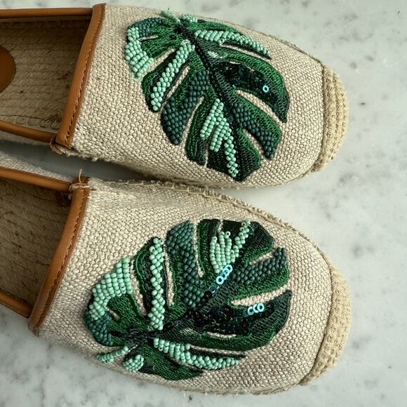 Michael Michael Kors Palm Leaf Sequin Espadrille Flats Beige Green Size 8 - Picture 2 of 11